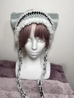 猫耳ニット帽 猫耳帽子 水色と白 かぎ針編み ハンドメイド サブカル ビーニー