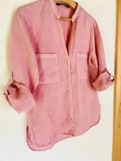 ZARA リネン100% シャツ　麻Vネックカットソー　ピンク 長袖　Sのサムネイル