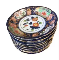 橘吉 色絵唐草 楕円皿5枚セット 中皿 長皿 古伊万里 赤絵 輪花皿