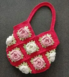 モチーフ編みバッグ ハンドメイド グラニー、トートバッグ 薔薇モチーフ