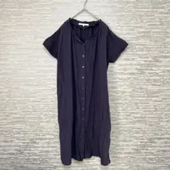 リラシク✨ワンピース M ネイビー チェック 半袖 前開き 襟フリル 紺　羽織り
