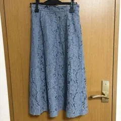 cecile レース ロングフレアスカート ブルーグレー M