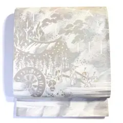 6k209 袋帯　絹　白　銀色　金色　柄物　和装　着物