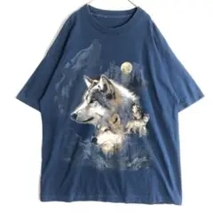 3102　オオカミ　アニマル　半袖　Tシャツ　ビッグプリント　紺