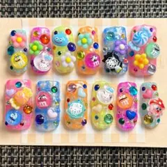 【現品】954番ネイルチップギャル派手韓国y2k平成女児うさぎネオンチェック宝石