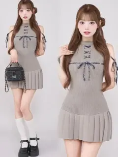 ダーリッチ ドッキングレースアップミニワンピース グレーFL