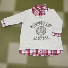 五分袖Tシャツ 重ね着風 チェック柄トレーナー グレー レッド M