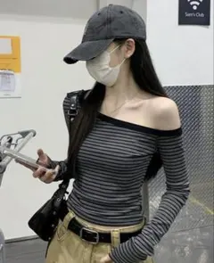 ワンショルダー ボーダー 長袖Tシャツ グレー　人気商品　美品