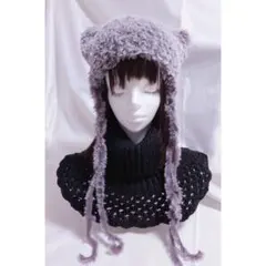 3way ネコ耳ニット帽　ハンドメイド　手編み　モコモコ　リボン　白×こげ茶