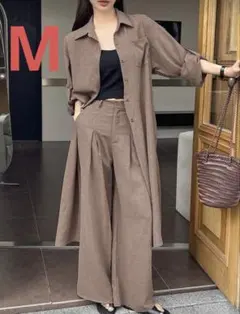 レディース　パンツ　セットアップ　シャツ　ブラウン　Mサイズ　カジュアル　ロング