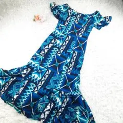 美品◎Hookano ホオカノ ムームー ハワイアンドレス ブルー系 ハワイ製