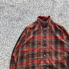 【最高カラー、BLAKE】ラルフローレン古着チェックシャツ刺繍ロゴプリネル赤L