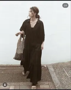 etre tokyo ブラック Vネック 長袖 ロングワンピース