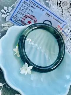 極美品】天然和田玉 碧玉バングル 琺瑯彩（エナメル工芸）56.5mm 鑑定 
