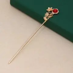 かんざし 髪飾り ゴールド 花モチーフ 赤石　約16cm