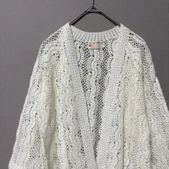 クロシェ編みカーディガン(L〜L L相当)ホワイト七分袖　フロントオープン