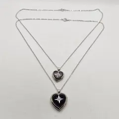 ヴィンテージ調 ハート ロケットネックレス 2点ペア 星モチーフ 黒×シルバー