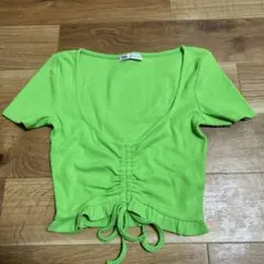 k*3様 ZARA 美品 クロップド丈 編み上げシャツ グリーン S リボン y