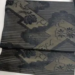 黒の絹製袋帯 花柄とストライプ