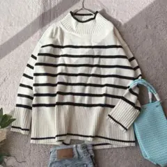 オーバーサイズニット(S)セーター/ボーダー/プルオーバー/ハイネック