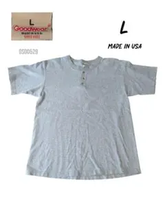 Goodwear　USA製古着無地半袖Tシャツ　ヘンリーネック　L　サンドグレー