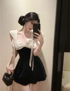 大人気❤️フレアミニワンピース ワンポイント リボン　パーティー　バイカラー