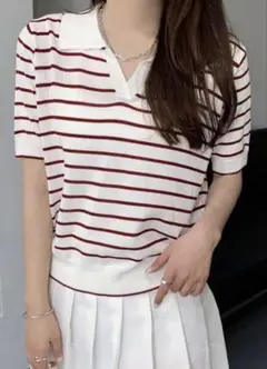 女性用クラシックストライプカジュアルVネック半袖Tシャツ