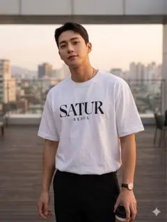 SATUR／SEOUL限定／プリントTシャツ／L／オフホワイト／明洞店購入
