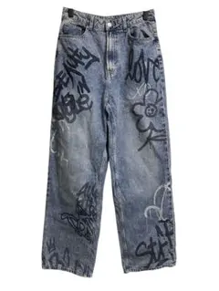 H&M グラフィティプリント ワイドデニム EUR 38　M-L