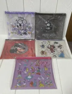 ディズニー　100周年　ハッピーくじ　フラットポーチ　コンプリート　5セット