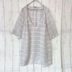 カウンターパーツ チェック チュニック Vネック 半袖 XL 灰 ポリエステル