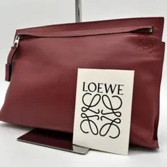 【美品】ロエベ Tポーチ アナグラム クラッチバッグ レザー ワインレッド 赤茶