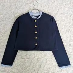 ツイード風ジャケット フリル襟 ビーズ 紺 大人可愛い ゆったり 