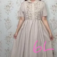 青木美沙子しまむらしまみさギンガムチェックフリル襟 半袖ワンピース ベージュ６Ｌのサムネイル
