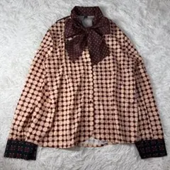 古着　幾何学模様 ボウタイ付き長袖ブラウス　M ヴィンテージ