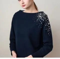 アナイ ビジュー装飾 ネイビー 長袖ニット 36