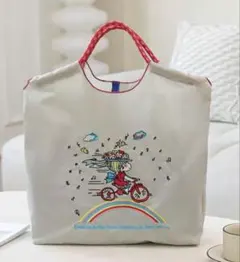ライトグレー 刺繍バッグ 自転車刺繍 エコバッグ トートバッグ