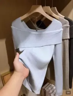 SHEIN オフショルダー リブニット 長袖 ライトブルー M