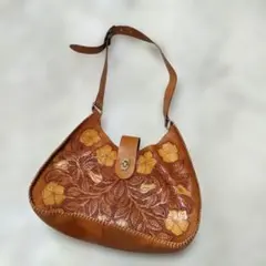 むねお様専用　本革　カービング　バッグ　レザー 花柄 ショルダーバッグ ブラウン