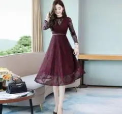 お呼ばれドレス 結婚式 パーティードレス 二次会　長袖 ワインレッド 発表会 L