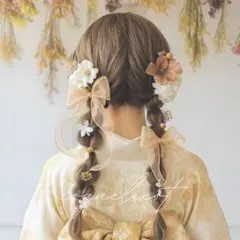 ハナミズキ髪飾り シャンパン ベージュ／ツインテール リボン 成人式 七五三⑭