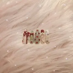 量産型 レッド ハート ネイルチップ リボン ガーリー 韓国 クリスマス 10本