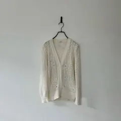 ビンテージ 透かし編みカーディガン ビーズ 刺繍 白 ホワイト L レース編み