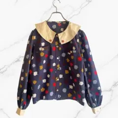 総柄デザインシャツブラウス丸襟レトロポップ紺ネイビーカラフルヴィンテージ古着