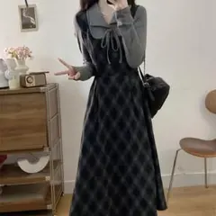 ロングチェック柄ワンピース 冬春 お出かけにピッタリ 普段着にも最適