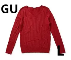 GU リブニット Vネック 長袖 赤 Lサイズ