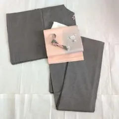正絹色無地吉祥地紋花紋刺繍　袷【アッシュグレー色無地×吉祥地紋】袋帯/帯締/帯揚のサムネイル