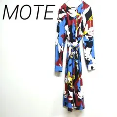 MOTE マルチカラー長袖ロングワンピース　M 前ボタン　ウエストリボン　裏地