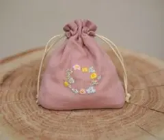 【flower & leaf】やわらかリネン♡てのひらサイズの巾着袋　刺繍