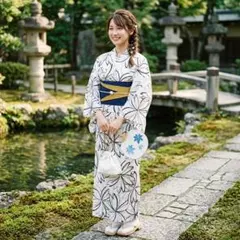 【新品・未使用】ポリエステル浴衣　涼しげ　白　しわになりにくい　フリーサイズのサムネイル